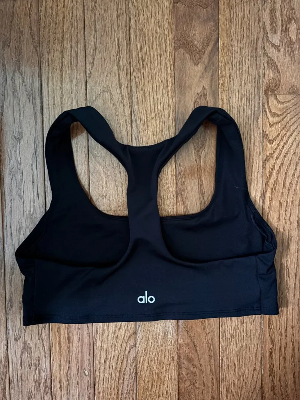 ALO Yoga Black Racerback Sports Bra with Iconic White Logo